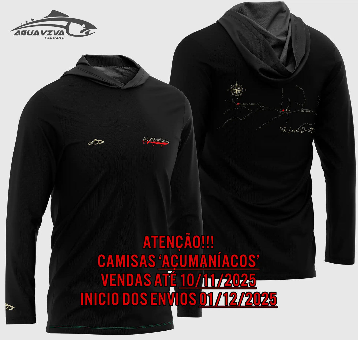 CAMISA DE CAPUZ PRÓ ANGLER POLIAMIDA AÇUMANÍACOS PRETO